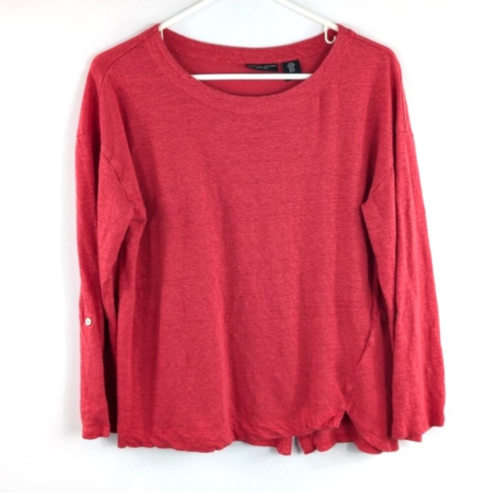 Adrienne Vittadini M Red Linen Knit Top Long Sleeve Lightweight Casual Blouse